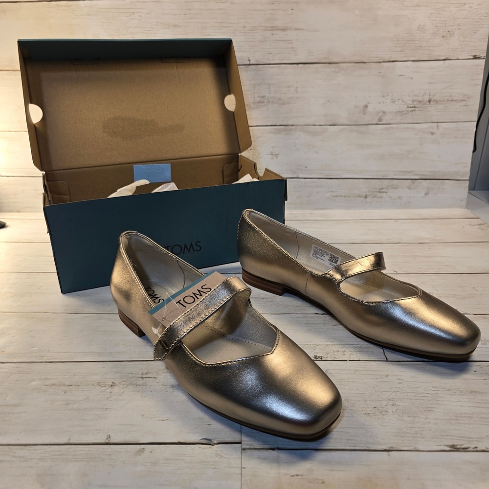NWT Toms Bianca Mary Jane Flats Light Gold Metallic Leather 10021734 Womens Sz 7